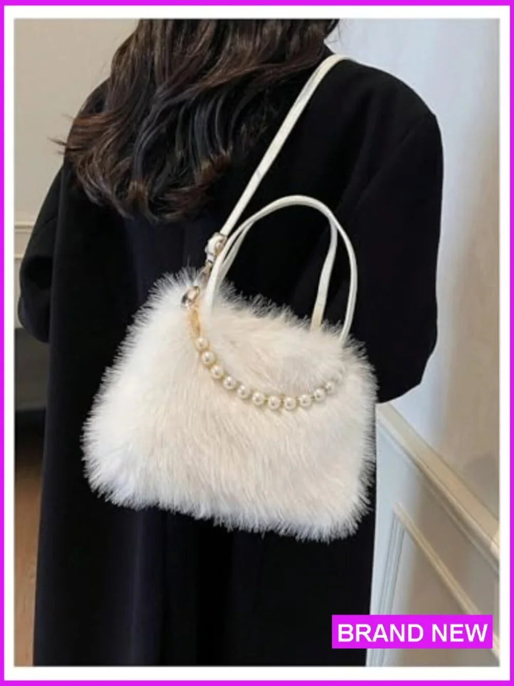 Faux Fur Fuzzy Satchel Handbag Pearl Strap Furry Plush Crossbody Shoulder Bag